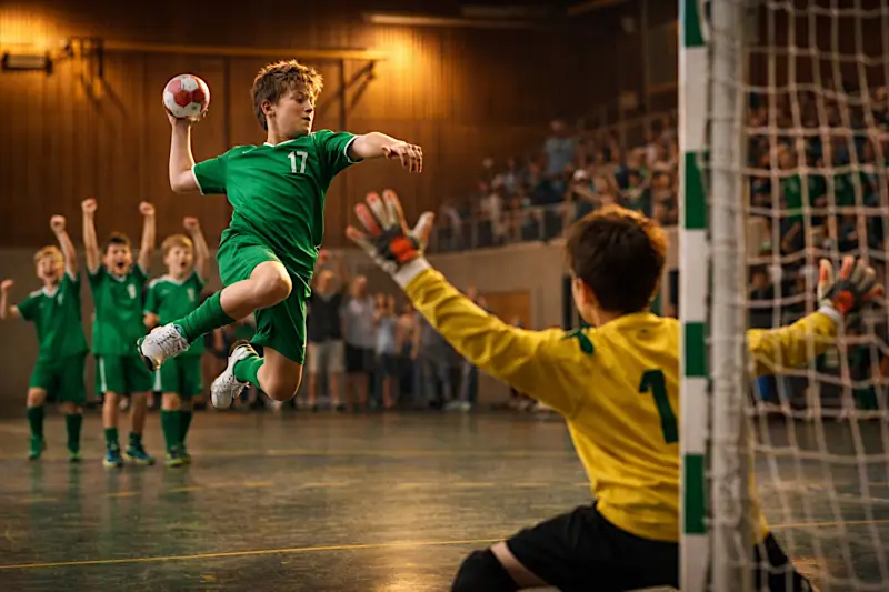 Ein Handballer schiesst auf das Tor