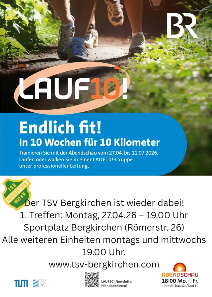 Plakat für Lauf 10! Programm, begleitet vom TSV Bergkirchen